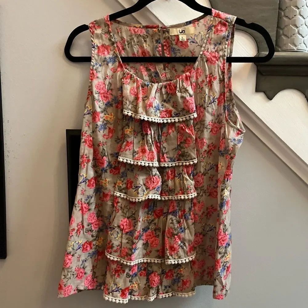 Ya Y2K Floral Print Tiered Pom Pom Crochet Tank Blouse sz L EUC